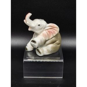 Vintage Bone China Trunk Up Elephant Figurine, White and Grey w/ Pink Accents